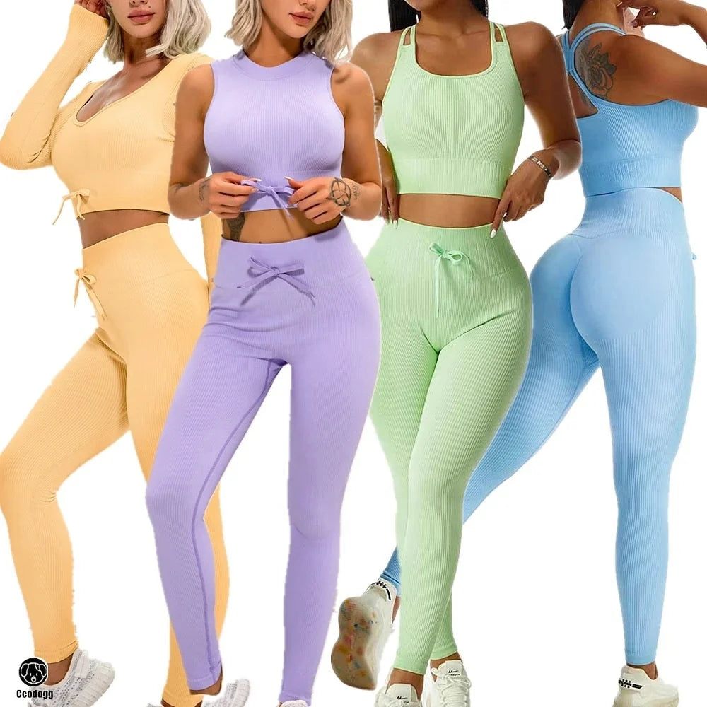 Custom Logo Fitness Clothing Leggings Gym Active Wear Workout Women Spot Striped Ribbed Seamless Yoga Set