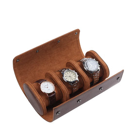 Handmade Luxury Travel Watch Box Case Organizer Factory Stock Brown Crazy Horse PU Leather Roll 3 Slots Protective Feature