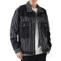 Fashion Men Stripe Printed Denim Jacket New Autumn Casual Spliced Black Jean Loose Coat Outerwear With Hooded