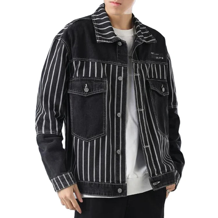 Fashion Men Stripe Printed Denim Jacket New Autumn Casual Spliced Black Jean Loose Coat Outerwear With Hooded