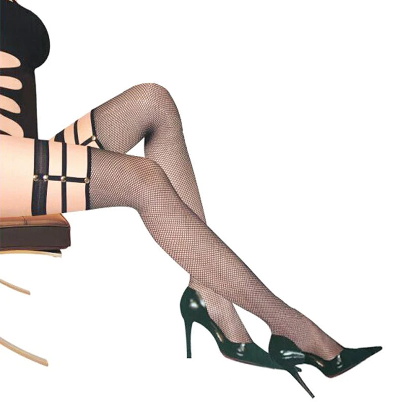 Lace Punk Rivets Small Mesh Stockings Skin-fitting Anti-slip Lace High Stockings Over the Knee Nightclub Sexy Stocking
