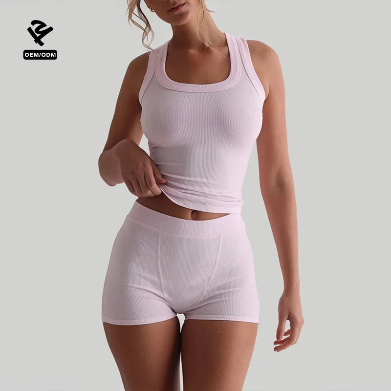 Custom Embroidery Logo High Stretch Square Neckline Sleeveless Rib Knit Vest Racer Back Gym Fitness Ribbed Tank Top for Women