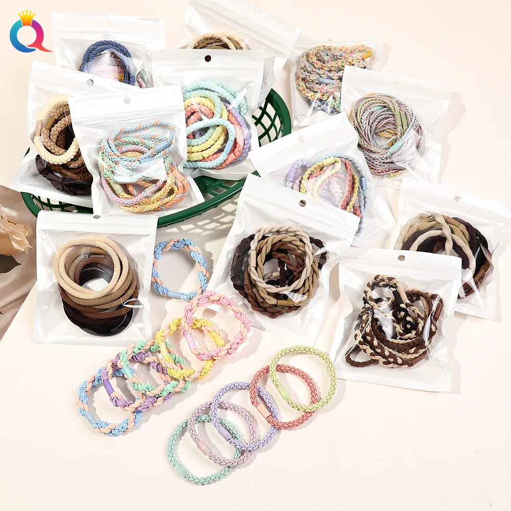 QIYUE 10pcs Elastic Hair Ties Simple Women Ponytail Holder in Variety Styles Convenient Band Packing Hair Tie Bag
