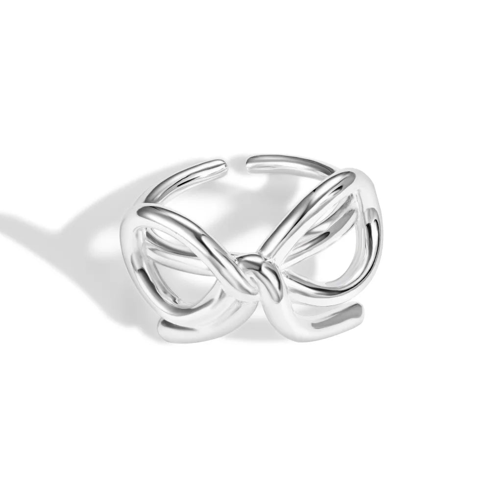 Dylam Geometric Simplicity Design S925 Silver Rhodium Plated Women Fashion Fine Bow-knot Shape Open Adjustable Rings