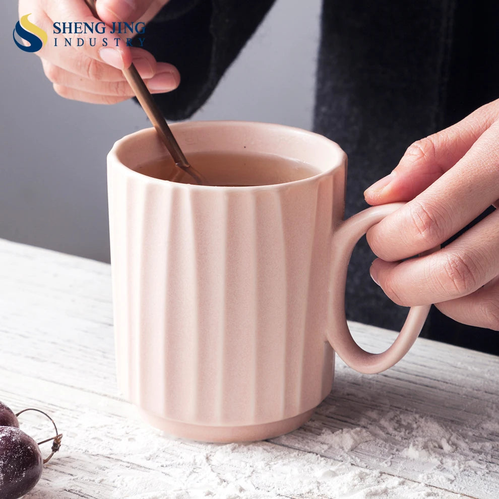 European Style Custom Stripe Design Pink Tea Mug Handgrip Ceramic With Logo Porcelain Milk Cups Tea Mugs