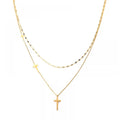 Non Tarnish Fashion Women Jewelry Double Layered Chain Stainless Steel 18K Gold Cross Pendant Necklace