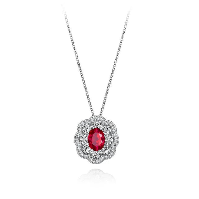 925 Sterling Silver Oval Shaped Crystal Ruby Pendant Necklace