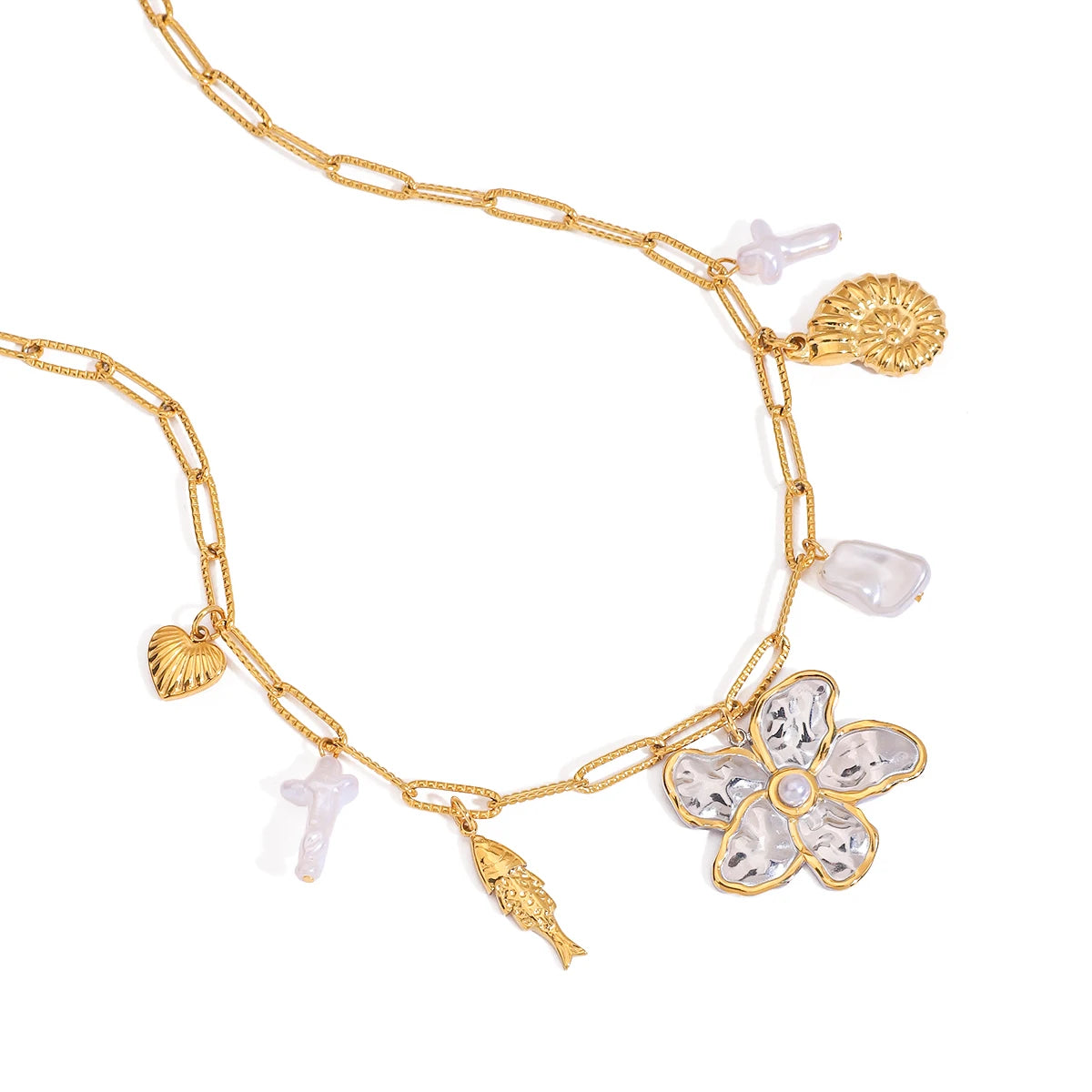 J&D Summer Ocean 18K Gold Necklace Stainless Steel Fish Conch Thread Heart Two Tone Flower Necklaces
