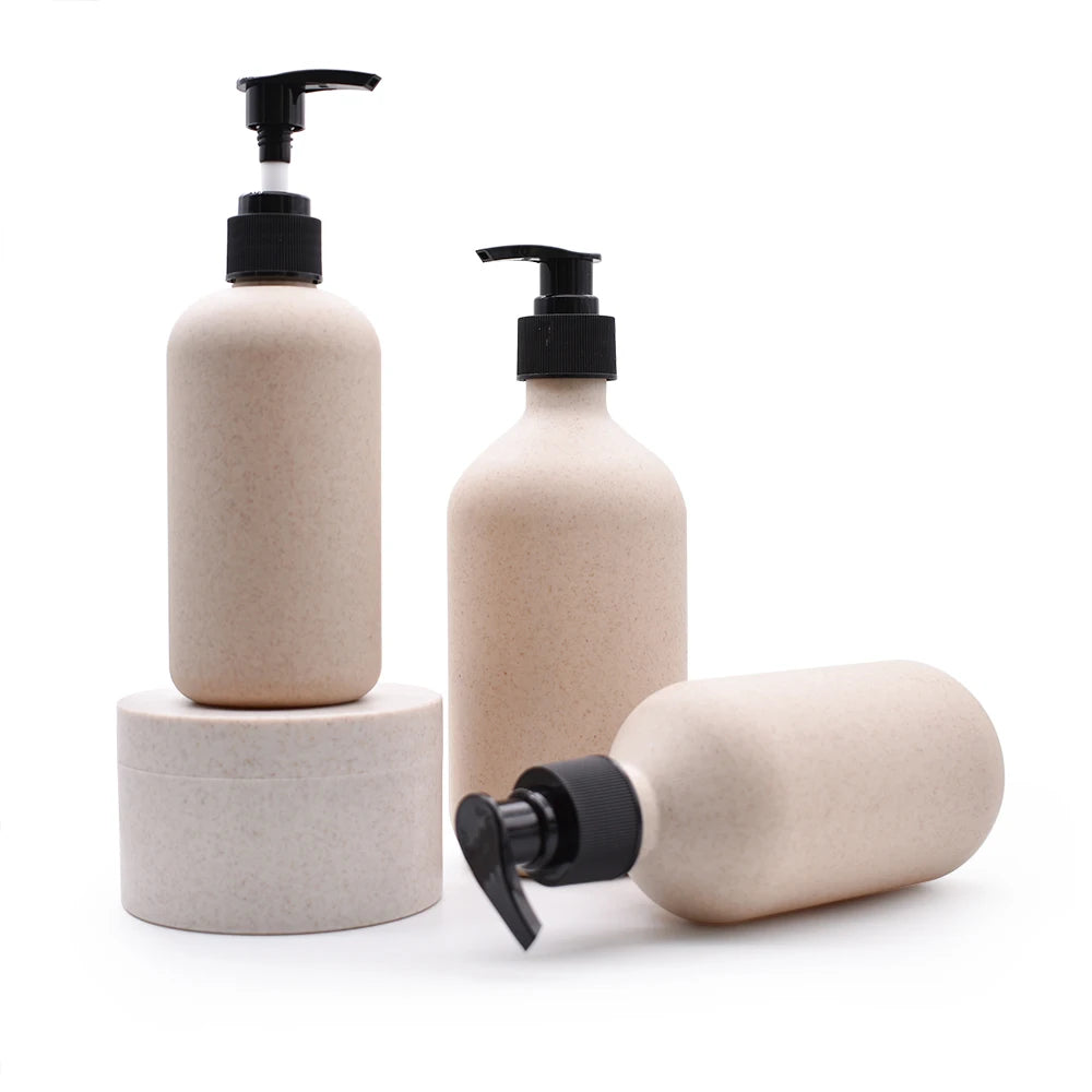 Eco-friendly Biodegradable 30ml Cosmetic 500ml Wheat Straw Plastic Round Shampoo Bottle with Black Pump Lid
