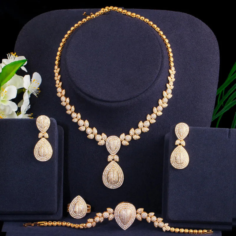 Dubai Gold Super Luxury Big Water Drop Cubic Zirconia African Jewelry Sets CZ Women Dangle Earrings Necklace for Wedding Bridal