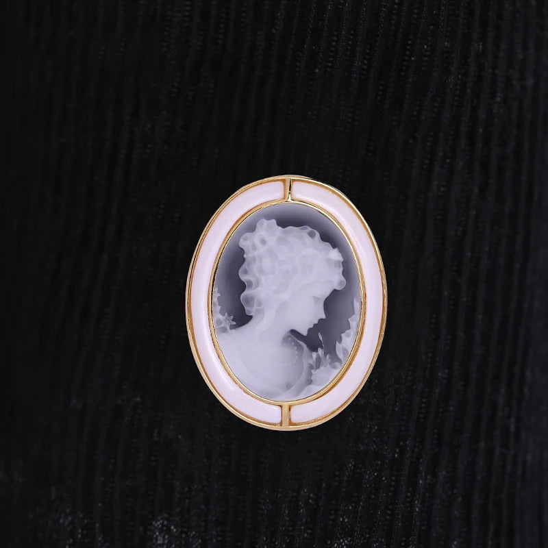 Fine Carved Agate Floral Greek Goodnees Cameo Pendant Brooch with Natural Shell  in 18K Gold Plated Over 925 Sterling Silver