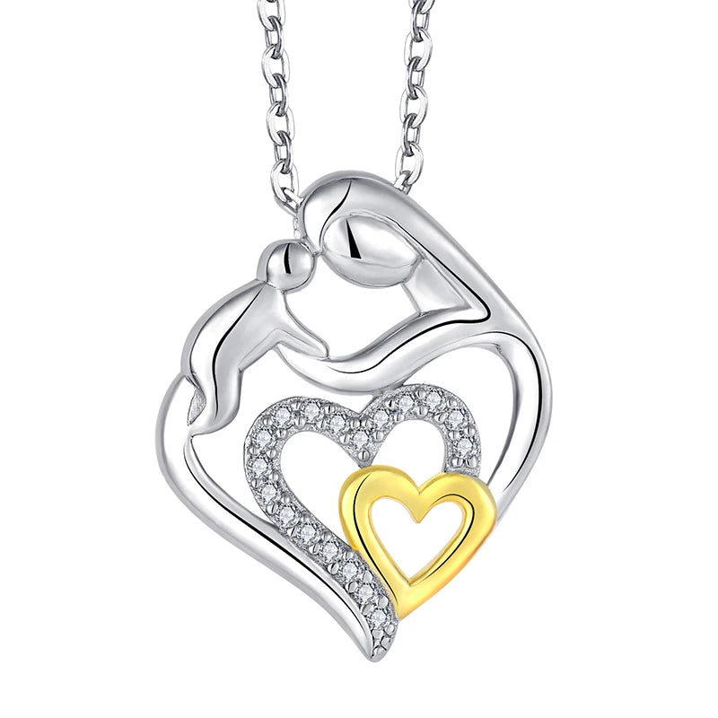 New Fancy Mom Heart 925 Sterling Silver Jewelry Cubic Zircon Pendant Classic Rhodium Plating Necklace for Valentine Mother Day