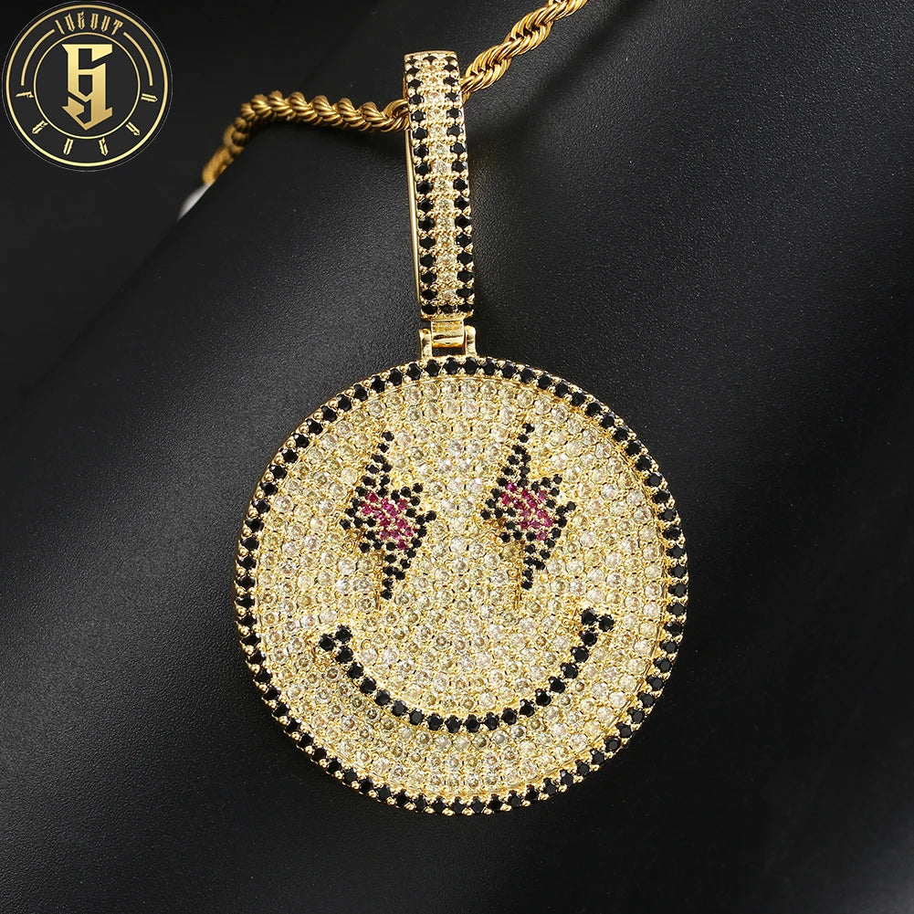 Iced Out Smile Face Pendant Round Shape Full Micro Paved CZ Diamond Jewelry Charm Necklace Gift for Men Women