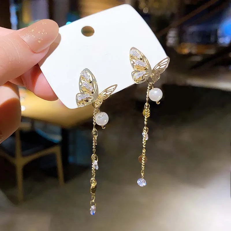 925 Silver Needle Advanced Zircon Butterfly Dangle Earrings Women's Long Temperament Pearl Tassel Earrings 2022 Trend Fashion