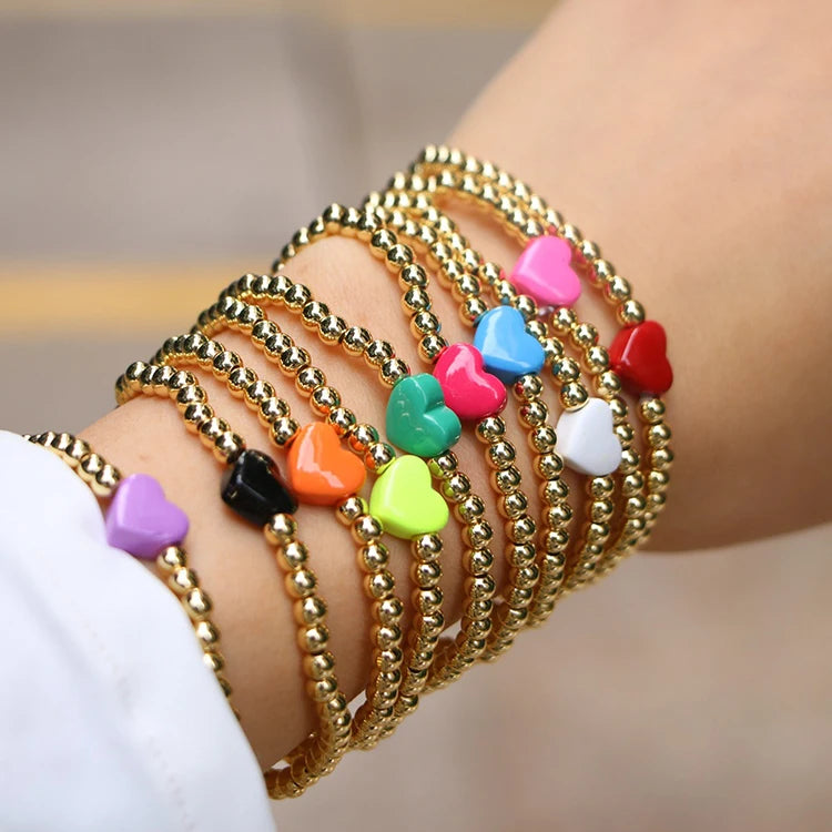 BM1103  Delicate Chic 18K Gold Ball Beaded Multicolored Enamel Love Heart Bead Bracelets for Women