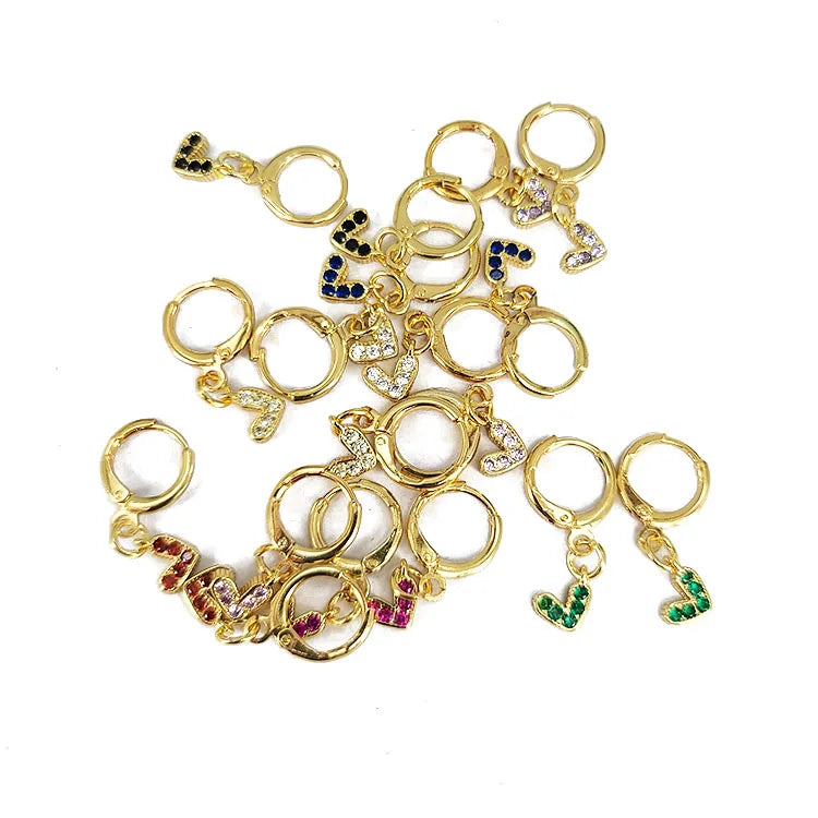 EC1745 Mini Jewelry Minimalist 18k Gold Plated Mini CZ Cubic Zircon rainbow Heart Dangle Charm Hoops huggies Earrings for Women