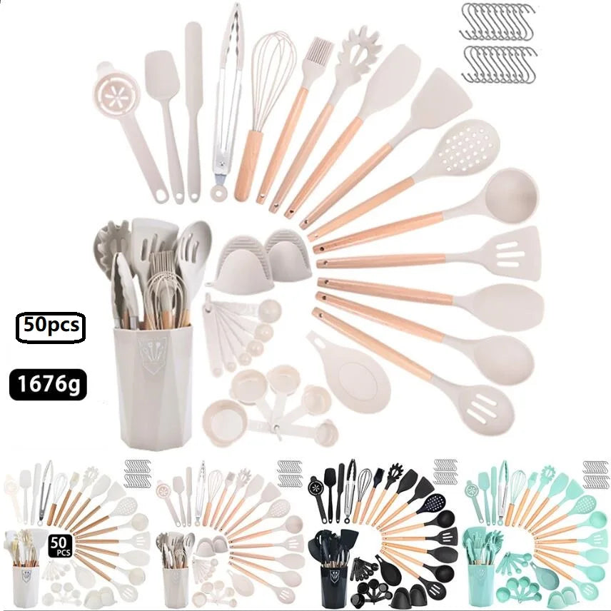BPA Free Silicone Kitchen Utensil Kit 50pcs Egg Whisk Shovel Scraper Oil Brush Kochgeschirr Set Cooking Utensil Essentials
