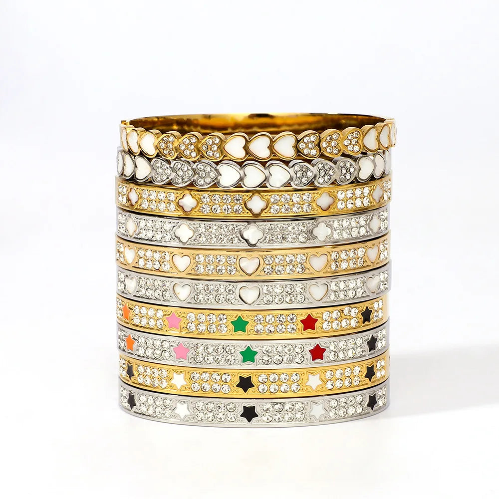 High Quality Stainless Steel 18K Gold Plated White Shell Zircon Inlaid Heart Star Shape Bangles Fashion Jewelry for Women