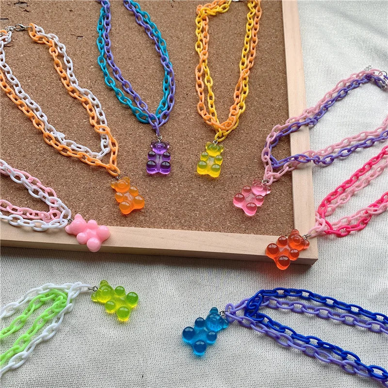 Sweet Candy Color Double Layered Pendant Necklace Y2K Trendy Disco Dancing Cute Purple Pink Bear Acrylic Necklace for Women
