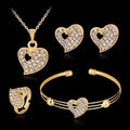 G121 Heart Pendant Crystal Gold Necklace Ring Ear Studs Bracelet Set Jewelry for Women