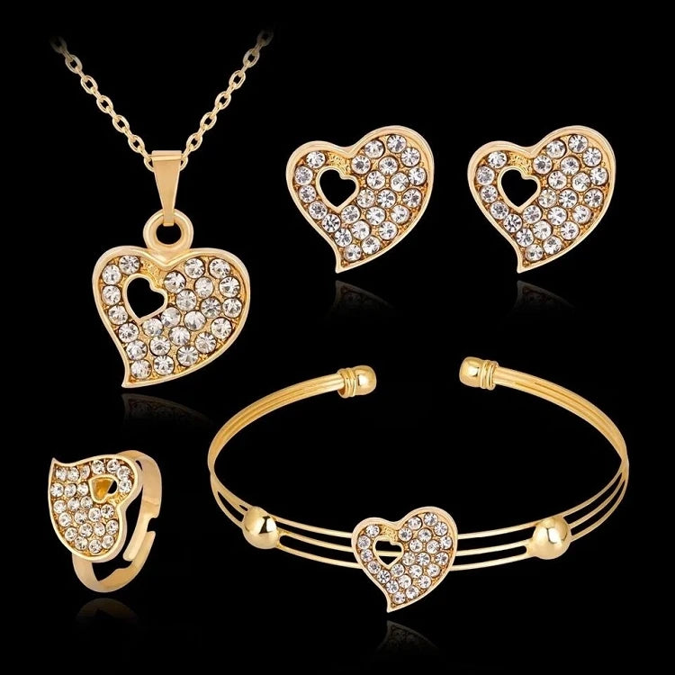 G121 Heart Pendant Crystal Gold Necklace Ring Ear Studs Bracelet Set Jewelry for Women