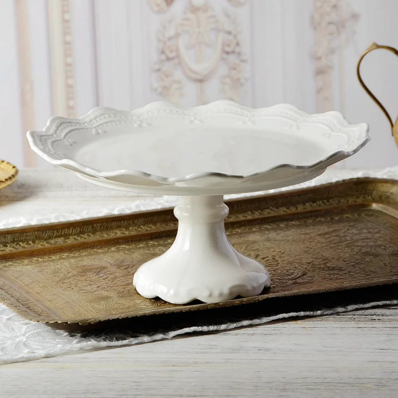 Exquisite High Footed Porcelain Dinnerware Sets with Utensil Kit Lace Rim Embossed Design Modern Style Cake Fruit Dessert Plate