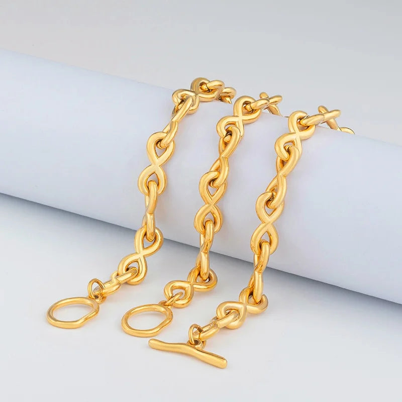 Chunky 18K Gold Plated Waterproof Stainless Steel OT Clasp Infinity Chain Link 8 Shaped Bracelet Necklace Set