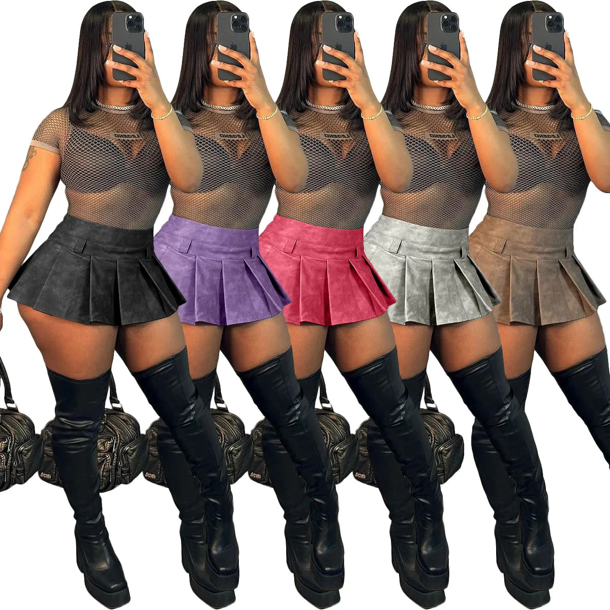 New Trendy Women Skirt Stretch Pu Leather Pleat Mini Skirt Ladies Sexy Y2k Causal Streetwear Skirts for Women Clothing