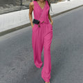 Enyami Retro V-neck Sleeveless Tank Top Loose Pleated 2 Two Pieces Office Outfits High Waist Elegant Pink Pants Sets