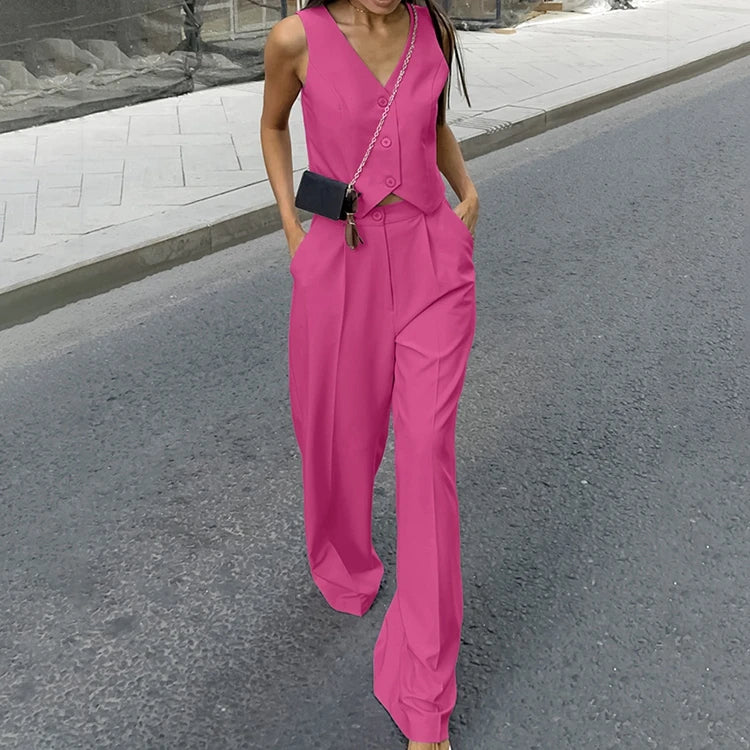 Enyami Retro V-neck Sleeveless Tank Top Loose Pleated 2 Two Pieces Office Outfits High Waist Elegant Pink Pants Sets