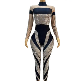 Mono Mujer Fashion Crystal Spandex Rompers Show Dance Leotard One Piece Bodysuit Sexy Party Night Club Women Rhinestone Jumpsuit