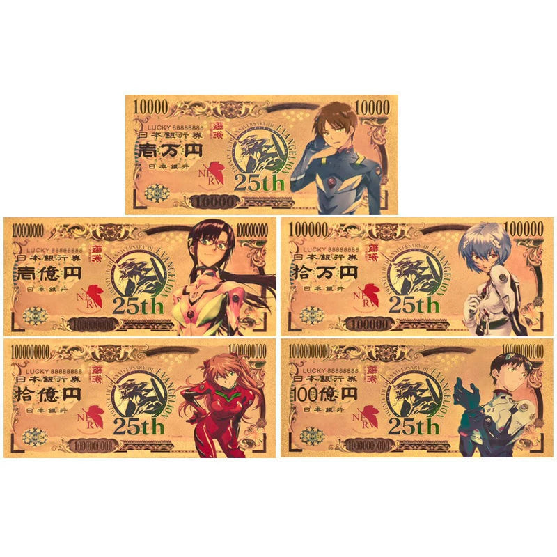 Custom 5 Designs Japanese Cartoon EVA Anime Gold Banknote 25th Anniversary Souvenir Gifts and Collection Cards