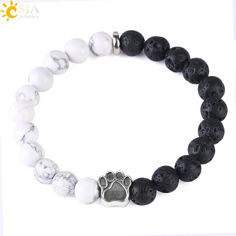 CSJA New  Silver Plated Bear Paw 8mm Natural Lava Stone White Turquoise Lucky Beads Bracelet for Women Men Jewelry F448