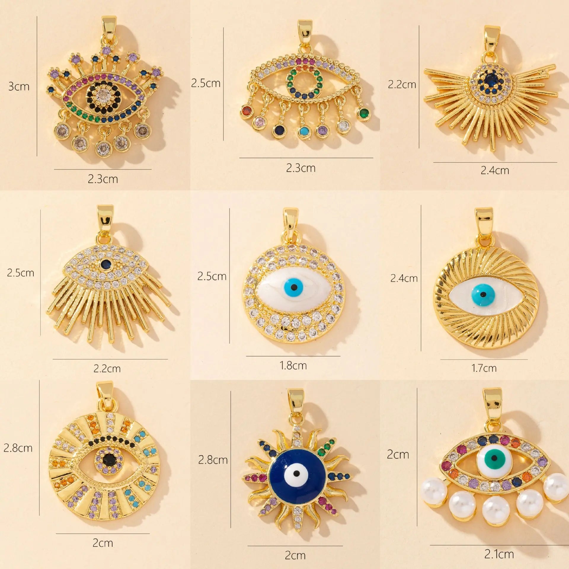 Hot Sale Diy Punk Jewelry Copper Gold Plated Colored Zirconia Accessories Multi-Style Geometric Evil Devil Eye Necklace Pendant