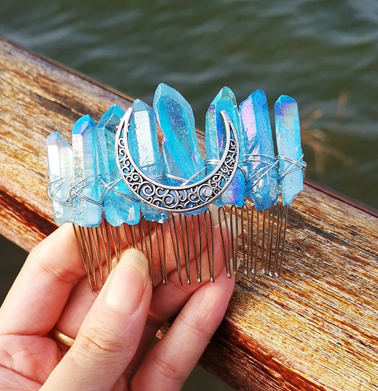 DIY Fast Shipping Witch Moon DIY Sky Blue Natural Crystal Comb Bride Silver Thread Comb Brides Hair Combs