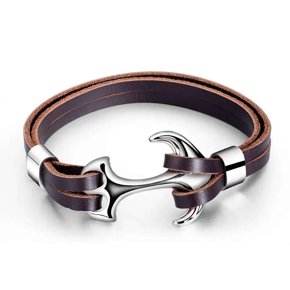 Cheap Custom Luxury Accessories for Men Anchor Leather Bracelet Rope Unisex Stainless Steel Blank Leather Bracelet PH1343