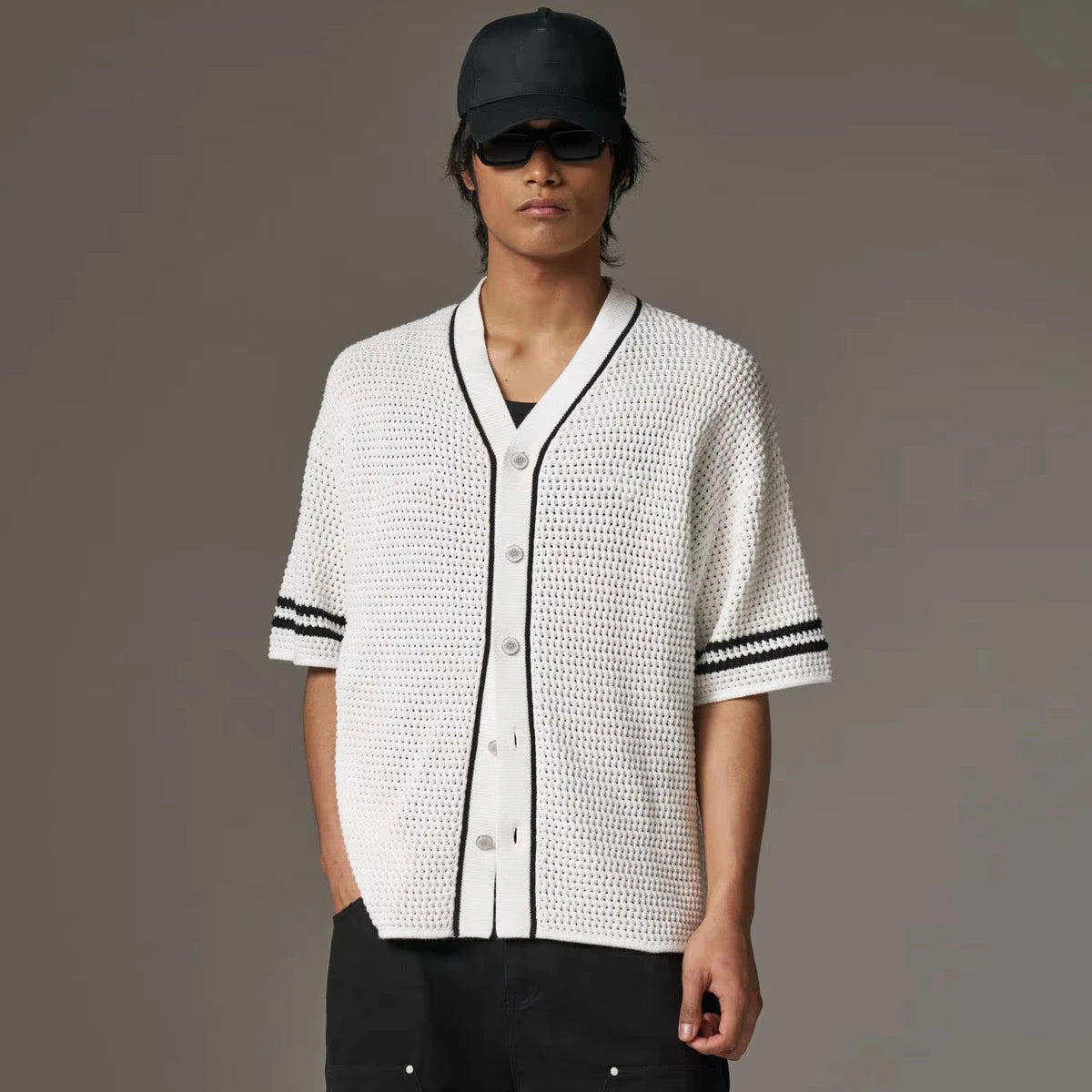 Custom Design logo Summer Beach Casual Fashion Knitwear Cotton Short Sleeve Hollow Out Mesh Crochet Knitted Baseball Shirt