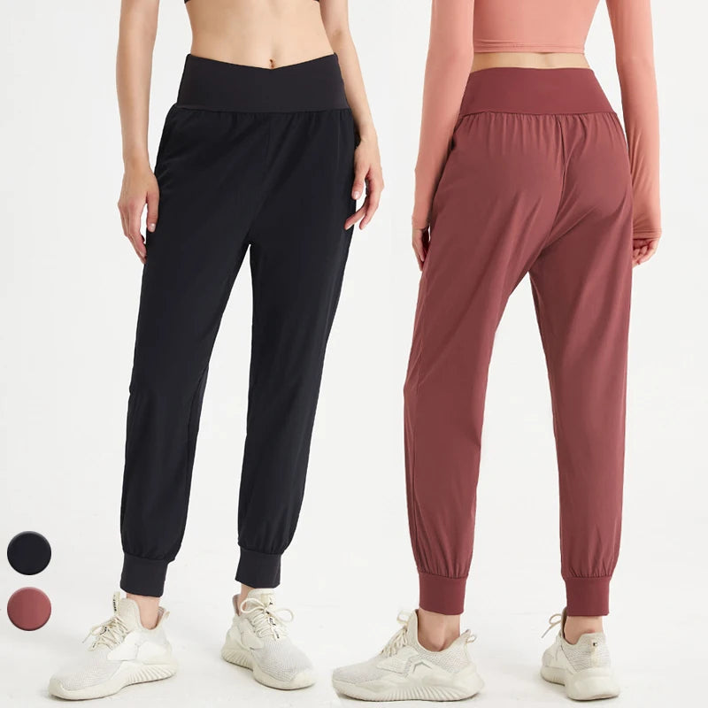 Custom Women Sports Pants V Waist Workout Gym Fitness Joggers Women's Blank Nylon Spandex Trousers Running Leggings Plain Jogger