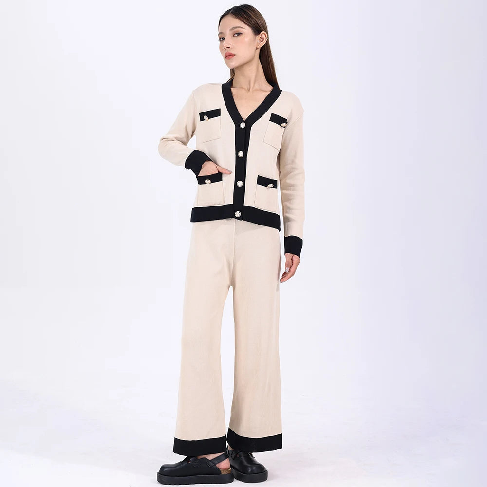 Women's Loose Knit Set Oversize Solid Color Cardigan and Wide Leg Pants Knit Cardigan Trousers Two-piece Set for Women