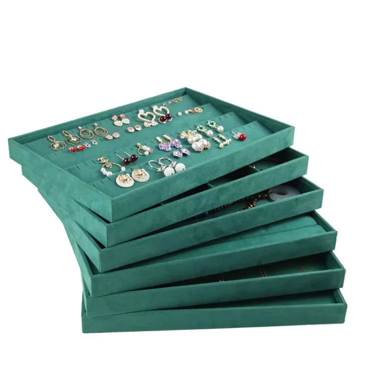 Wholesale Stackable Custom Ring Earring Necklace Storage Showcase Trays Green Velvet Jewelry Display Tray