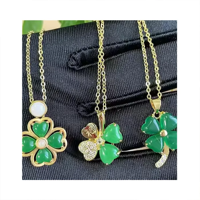 2023 Women Fine Jewelry Stainless Steel Chain Four Leaf Clover Necklace 18K Green Real Jade Gemstone Fashion Pendants for Women