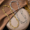 S11425  Gold Plated Stainless Steel Triple Wrap Snake Chain Layered Necklace Bracelet with Barrel Rice Bead Accents Jewelry Sets
