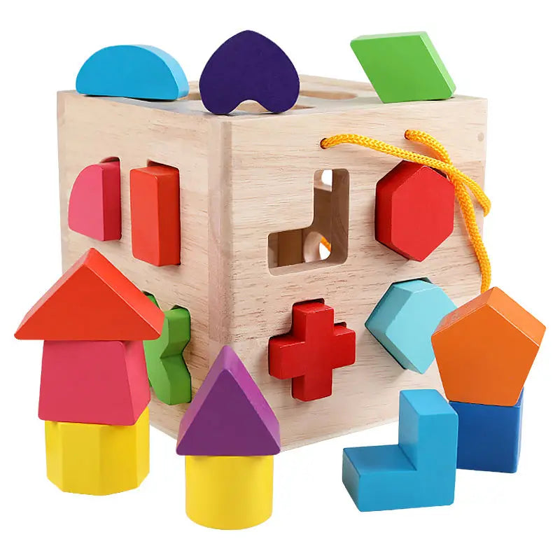Wooden Geometric Shapes Toys Building Blocks Matching Cognition Training Early Wood Shape Sorting Cube