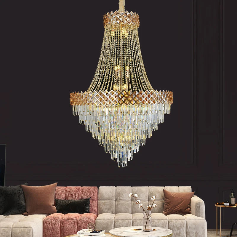 Classic Nordic Luxury Round Double-layer Golden Chandelier for Villa Hotel Living Room Linear Crystal Decoration Led Chandelier