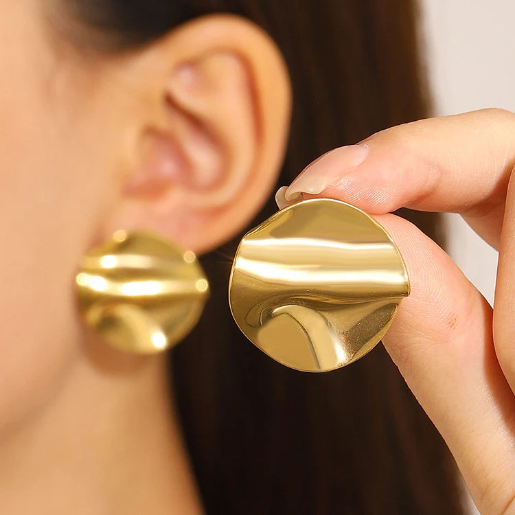 G2618 Wholesale Brincos Femeninos Gold Plated Stainless Steel Alloy Hammered Texture Disc Square Round Stud Earrings Jewelry
