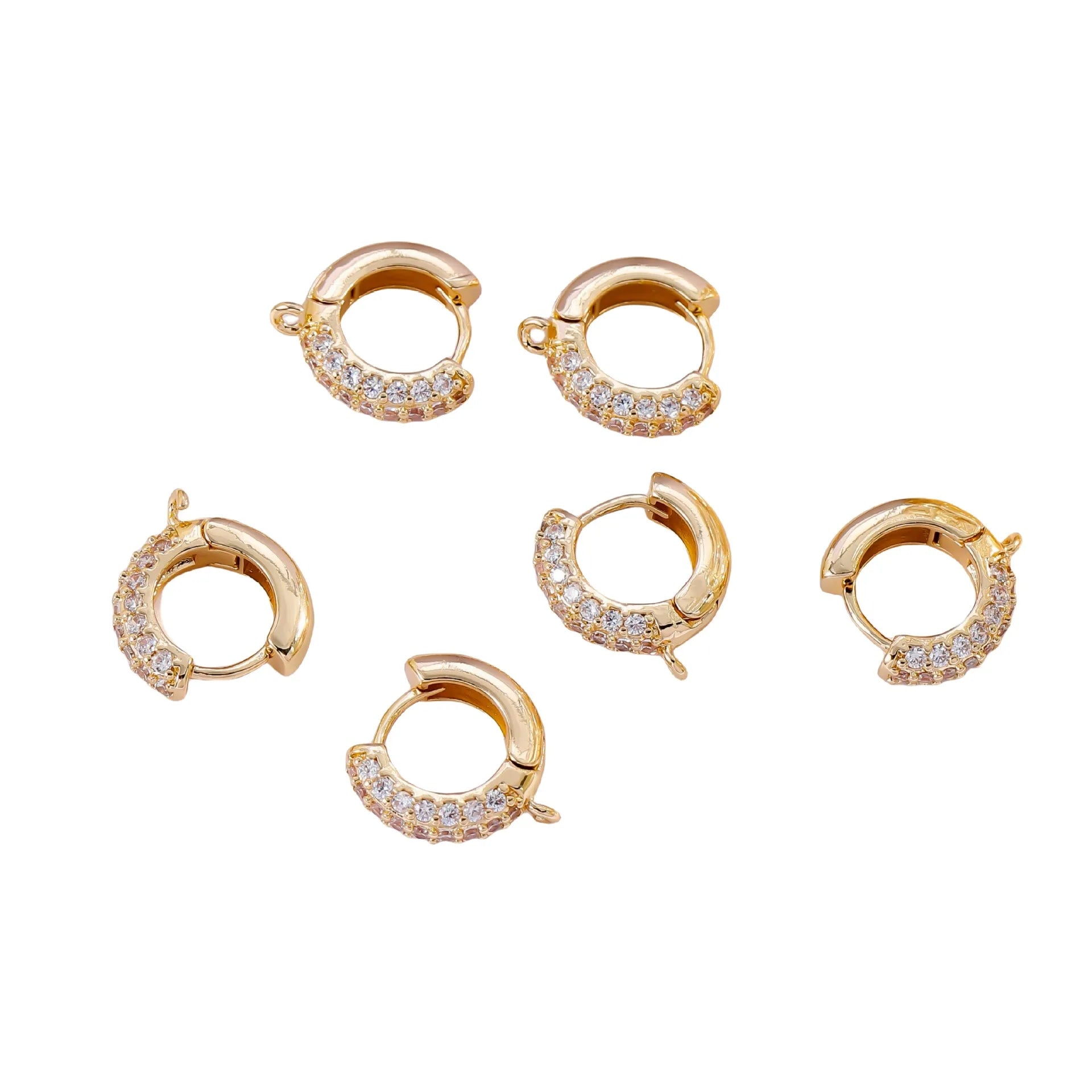 Copper Plated 18K Real Gold Ear Buckle with Round Zircon Pendant Micro Inlaid Opening Earring Single Loop for Diy Jewelry