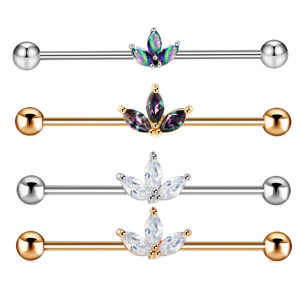 Showfay Zircon Flower Stainless Industrial Barbell Earring Sparkly CZ Ear Industrial Piercing Bar Earrings for Women Men