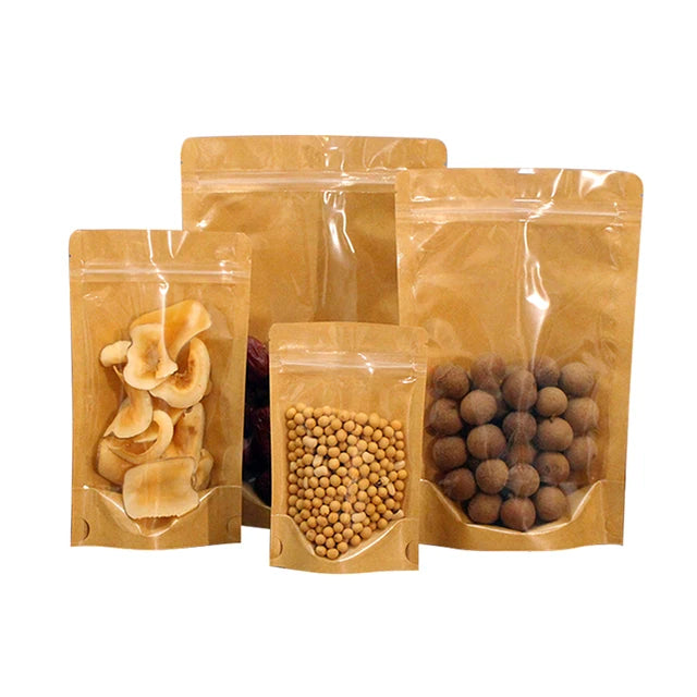 Wholesale Custom Kraft Paper Stand Bags with Zip Lock Resealable Window Mylar for Food and Tobacco Packaging