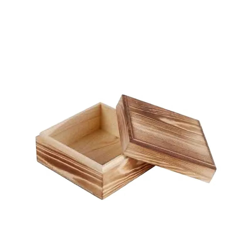 Small Square Wooden Jewelry Box for Kids Burnt Wood Trinket Storage Box with Left Lid for Gift Sundries and Packaging Box MegaBDM