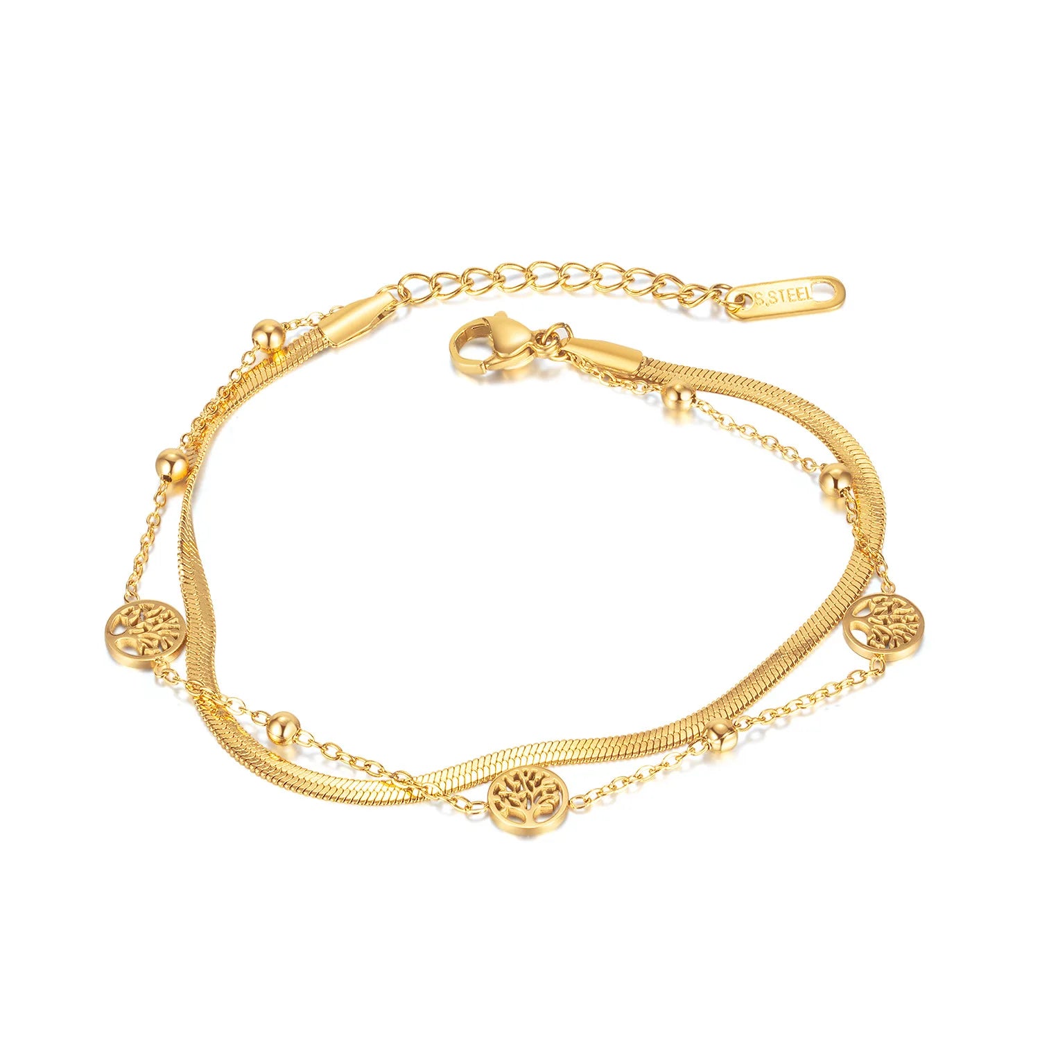 Wholesale 18K Gold Plated Herringbone Chain Bracelet Stainless Steel Sanke Chain Tree of Life Charm Bracelet